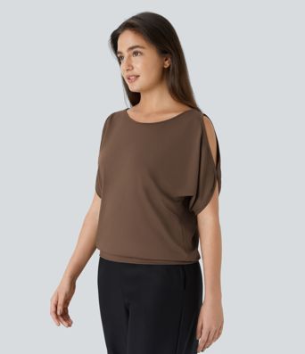 Boat Neck Short Sleeve Cut Out Casual T-Shirt