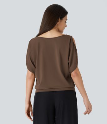 Boat Neck Short Sleeve Cut Out Casual T-Shirt