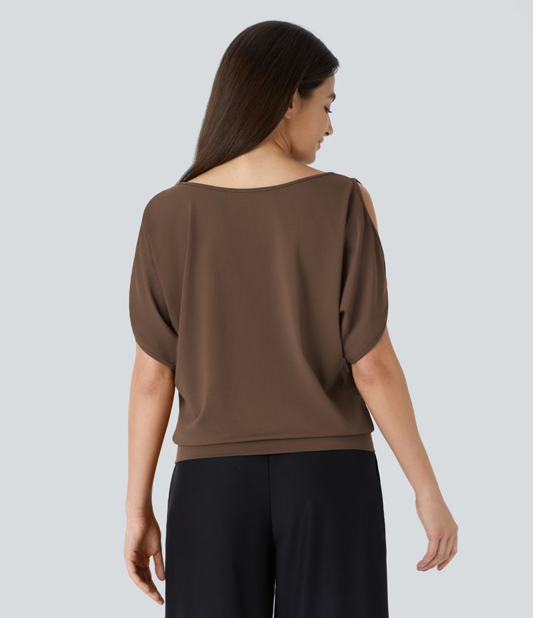 Boat Neck Short Sleeve Cut Out Casual T-Shirt