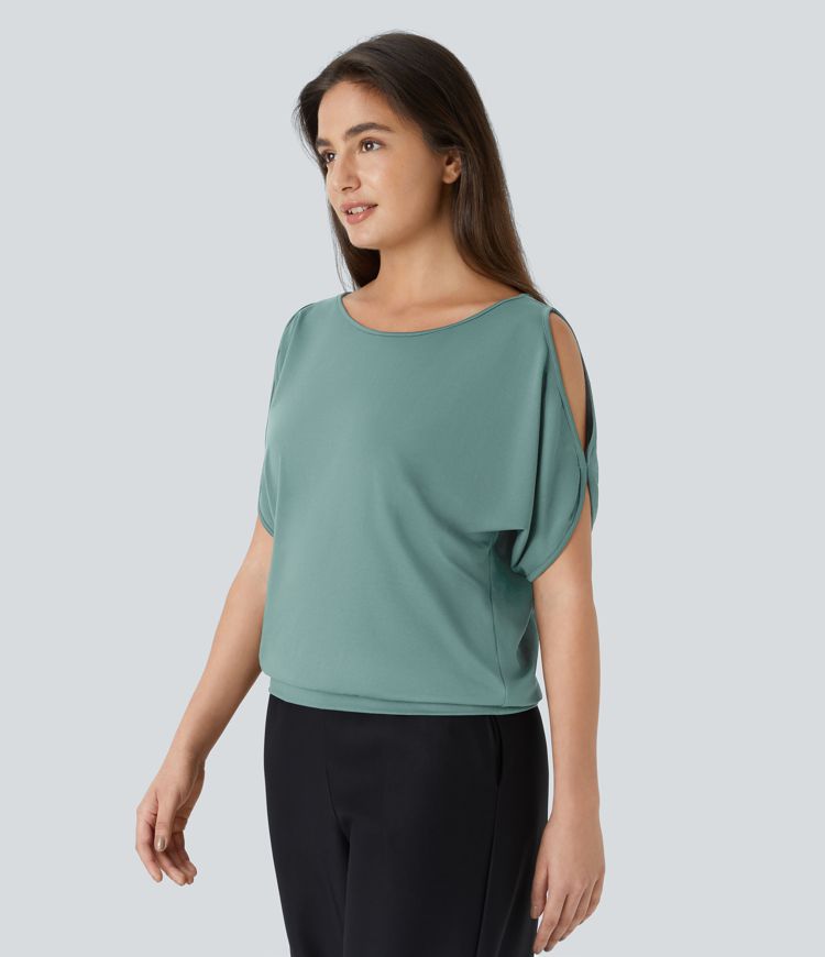 Boat Neck Short Sleeve Cut Out Casual T-Shirt