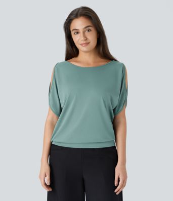 Boat Neck Short Sleeve Cut Out Casual T-Shirt