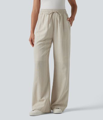 Pantalon tailleur large en lin rayé taille haute avec cordon de serrage et poches