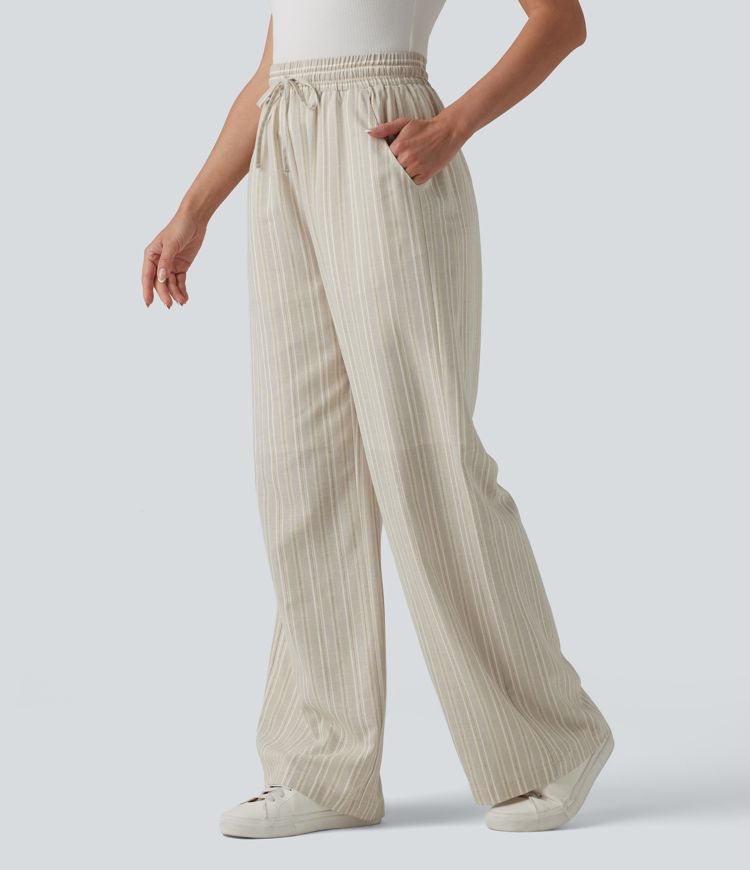 Pantalon tailleur large en lin rayé taille haute avec cordon de serrage et poches