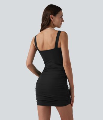 Square Neck Tummy Control Built-in Shapewear Ruched Bodycon Mini Dress