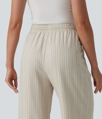 Pantalon tailleur large en lin rayé taille haute avec cordon de serrage et poches