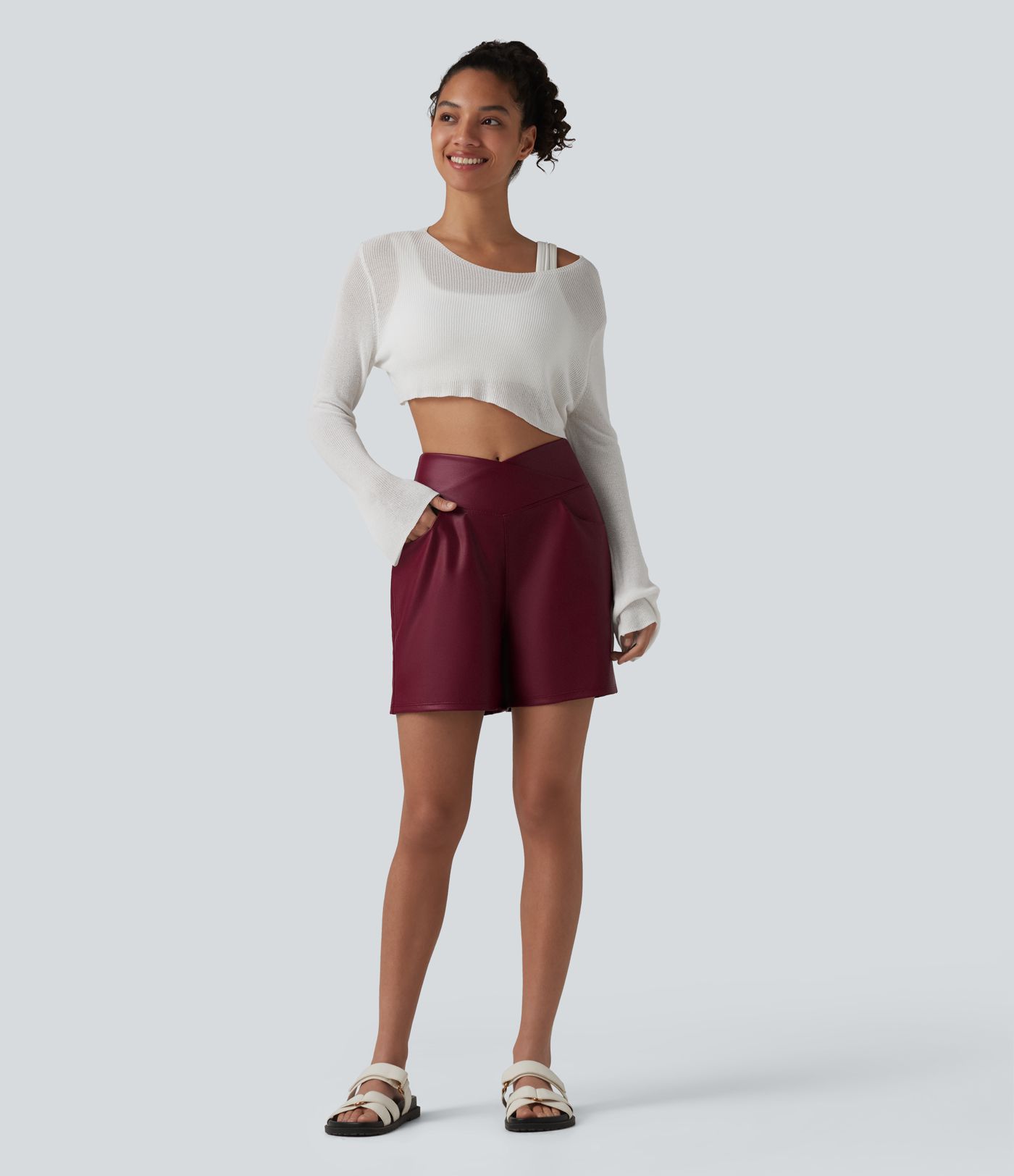 Crossover High Waisted Tummy Control Stretchy PU Casual Shorts with Pockets