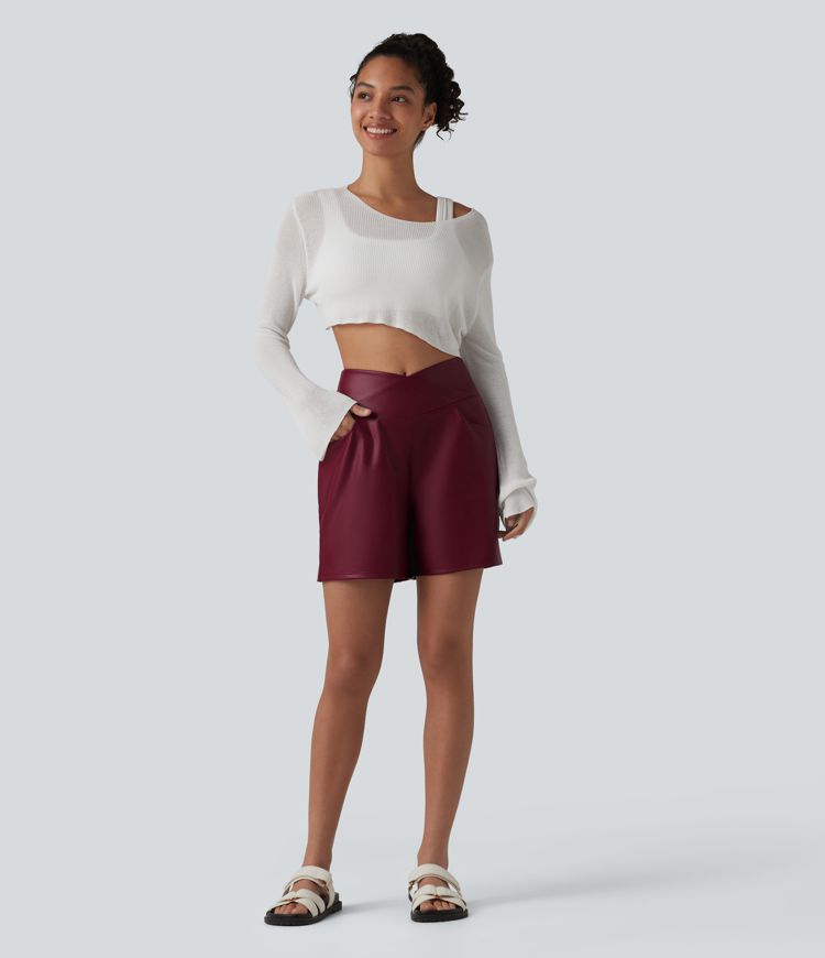 Crossover High Waisted Tummy Control Stretchy PU Casual Shorts with Pockets