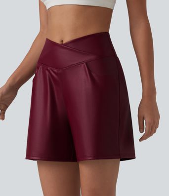 Crossover High Waisted Tummy Control Stretchy PU Casual Shorts with Pockets