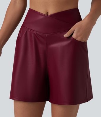 Crossover High Waisted Tummy Control Stretchy PU Casual Shorts with Pockets