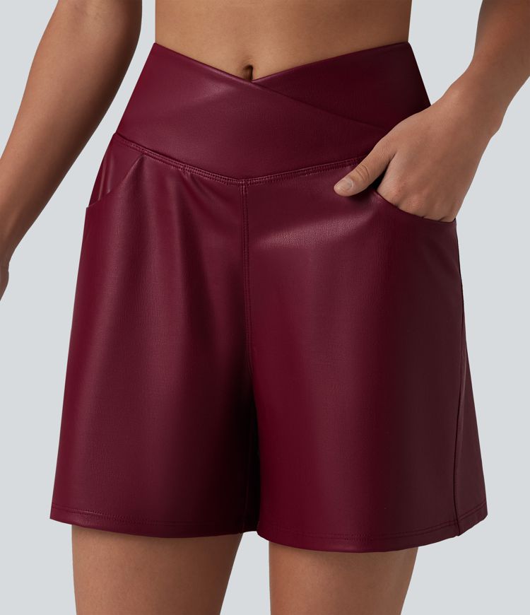 Crossover High Waisted Tummy Control Stretchy PU Casual Shorts with Pockets
