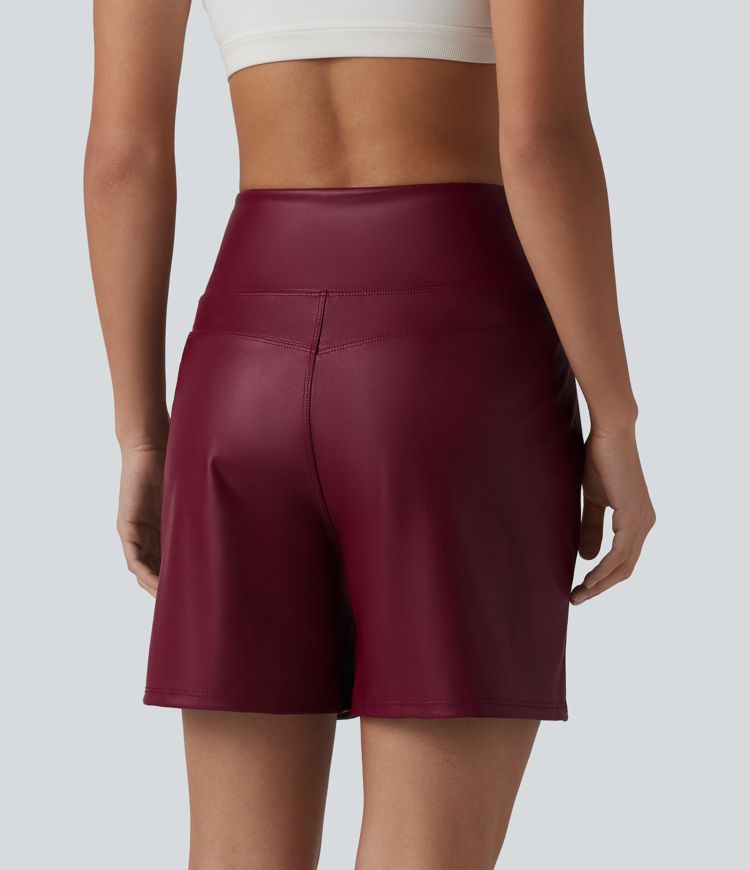 Crossover High Waisted Tummy Control Stretchy PU Casual Shorts with Pockets
