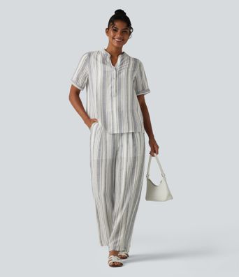 High Waisted Stripes Casual Baggy Pants with Pockets