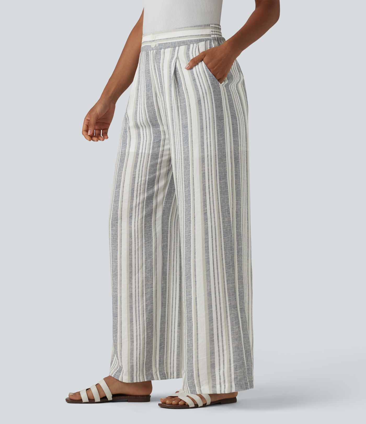 High Waisted Stripes Casual Baggy Pants with Pockets