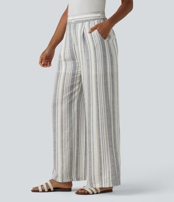 High Waisted Stripes Casual Baggy Pants with Pockets
