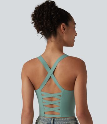U Neck Built-in Bra Cropped Casual Tank Top B-E Cups