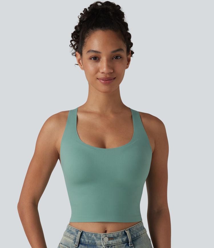 U Neck Built-in Bra Cropped Casual Tank Top B-E Cups