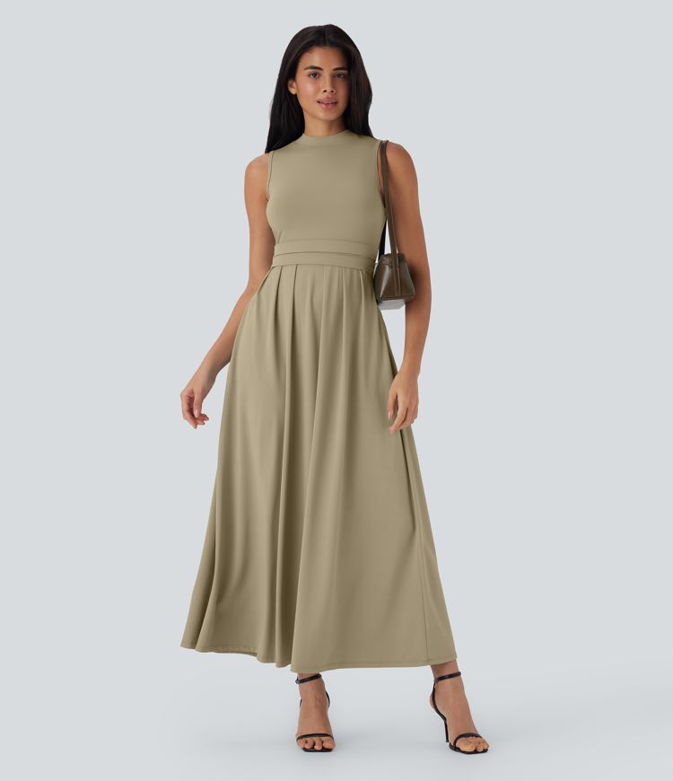 Stand Collar Sleeveless Flare Maxi Casual Dress with Side Pockets