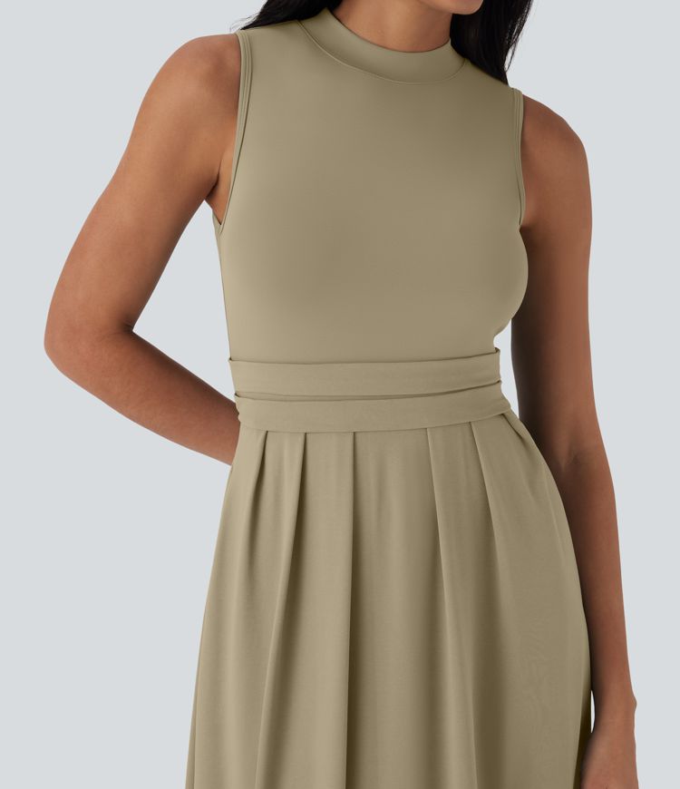 Stand Collar Sleeveless Flare Maxi Casual Dress with Side Pockets