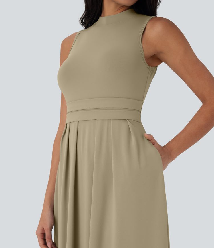 Stand Collar Sleeveless Flare Maxi Casual Dress with Side Pockets