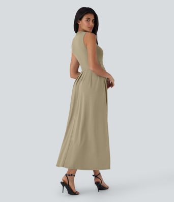 Stand Collar Sleeveless Flare Maxi Casual Dress with Side Pockets