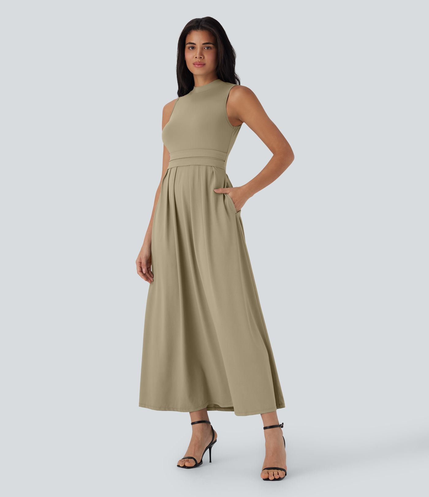 Stand Collar Sleeveless Flare Maxi Casual Dress with Side Pockets