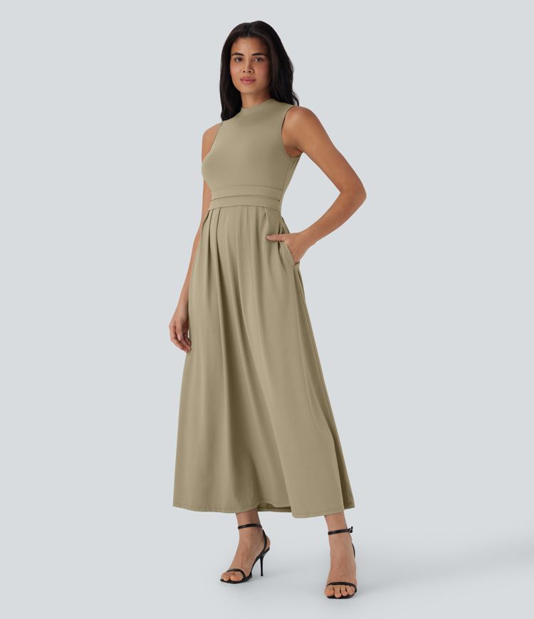 Stand Collar Sleeveless Flare Maxi Casual Dress with Side Pockets