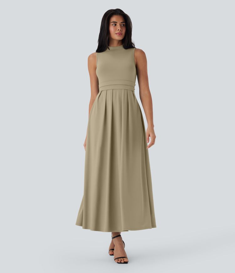 Stand Collar Sleeveless Flare Maxi Casual Dress with Side Pockets