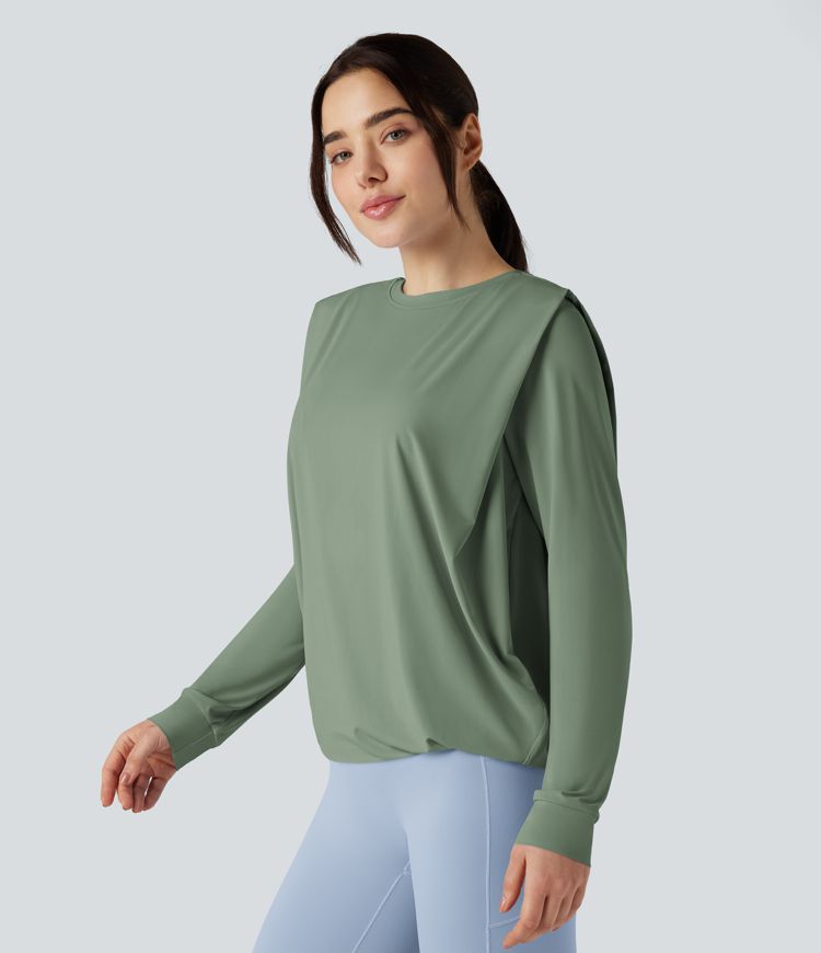 Round Neck Long Sleeve Ruched Yoga Sports Top-UPF50+