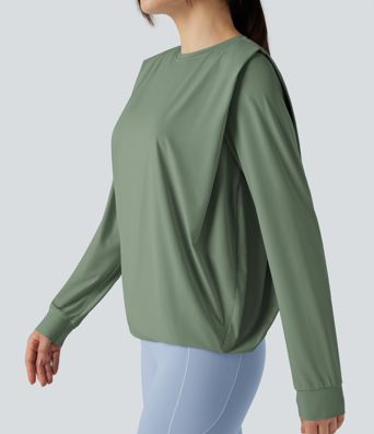 Round Neck Long Sleeve Ruched Yoga Sports Top-UPF50+