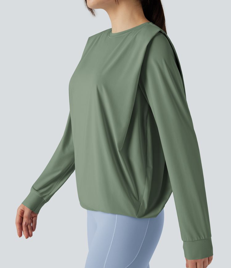 Round Neck Long Sleeve Ruched Yoga Sports Top-UPF50+