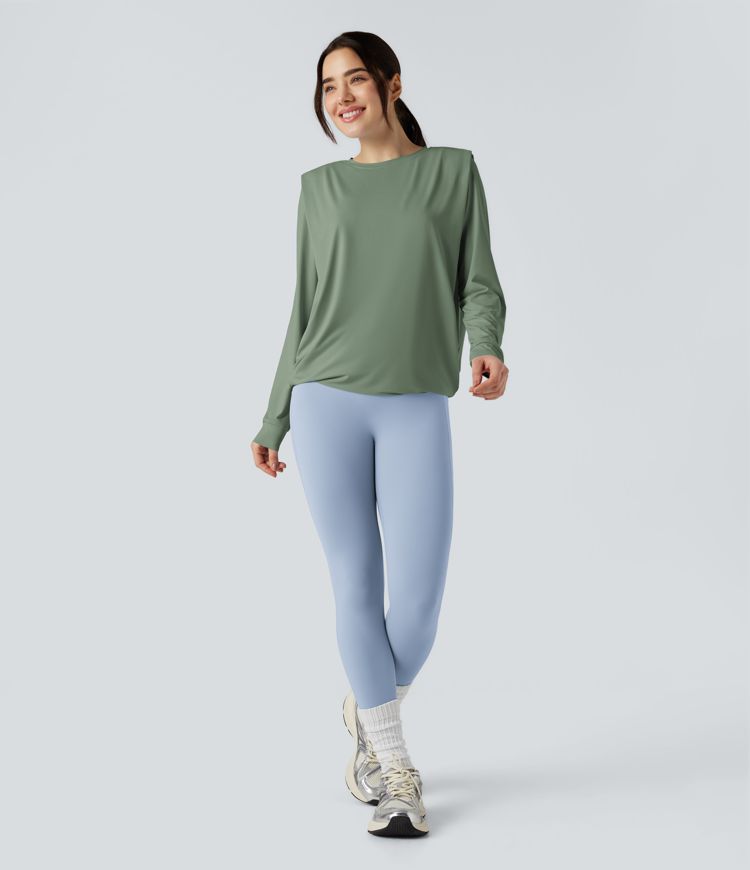 Round Neck Long Sleeve Ruched Yoga Sports Top-UPF50+