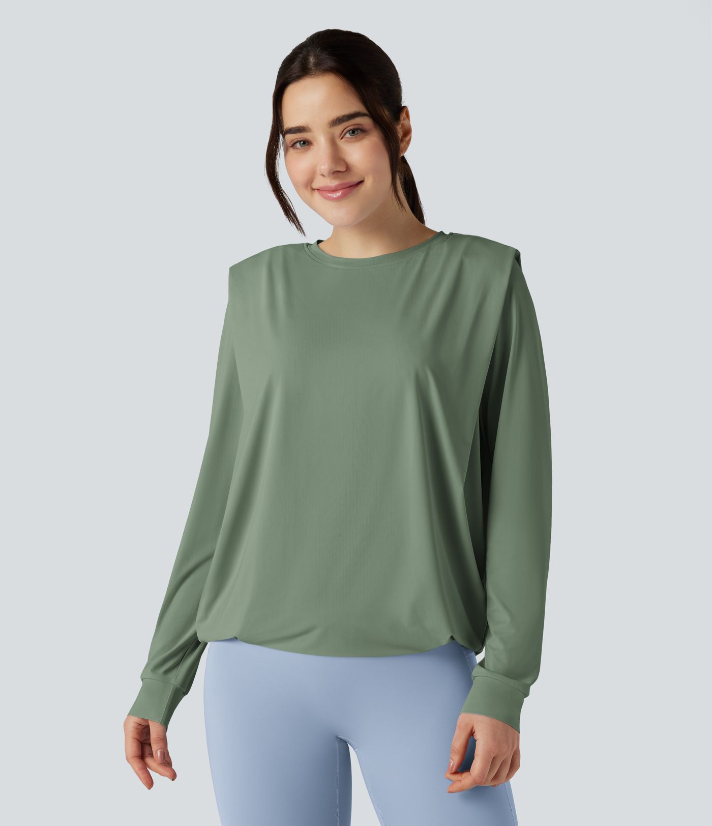 Round Neck Long Sleeve Ruched Yoga Sports Top-UPF50+