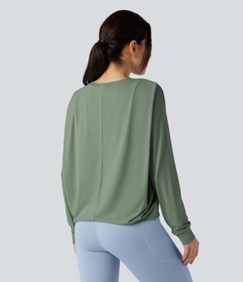 Round Neck Long Sleeve Ruched Yoga Sports Top-UPF50+