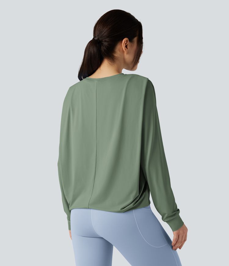 Round Neck Long Sleeve Ruched Yoga Sports Top-UPF50+