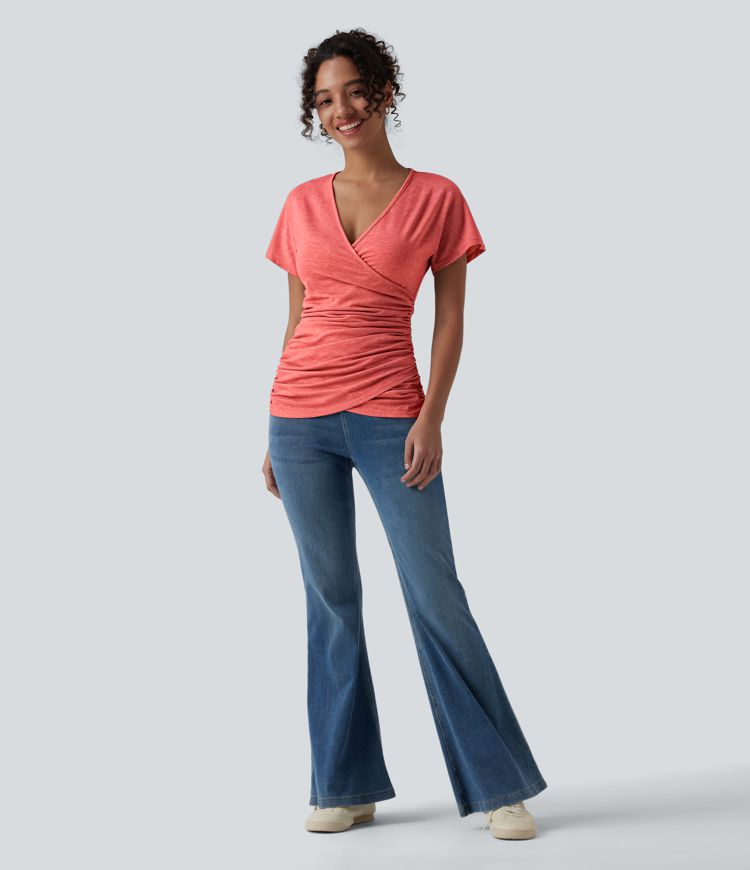 V Neck Short Sleeve Ruched Casual Top