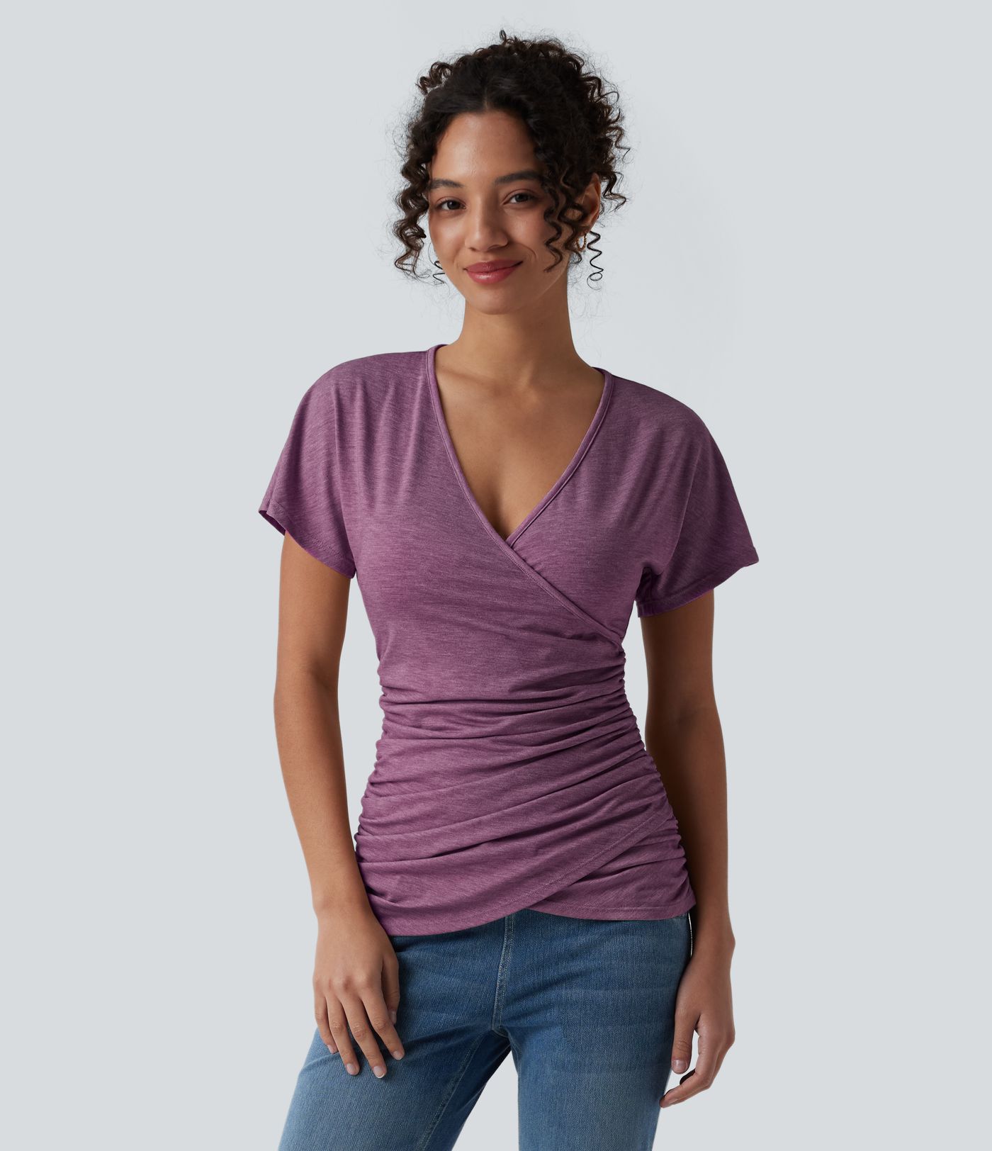 V Neck Short Sleeve Ruched Casual Top V Neck Short Sleeve Ruched Casual Top