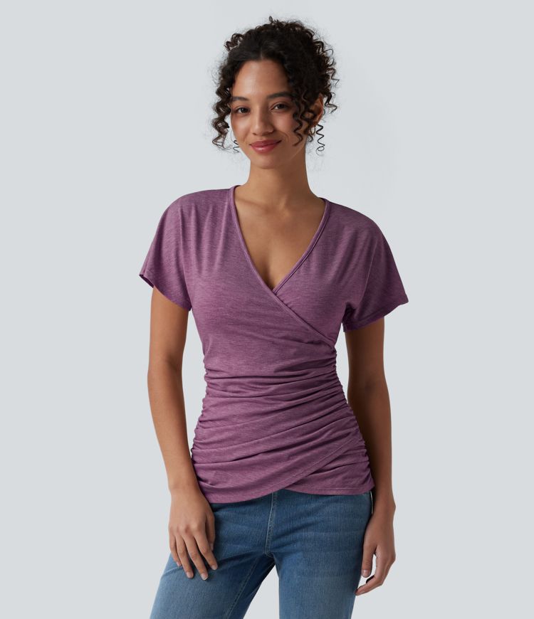 V Neck Short Sleeve Ruched Casual Top V Neck Short Sleeve Ruched Casual Top