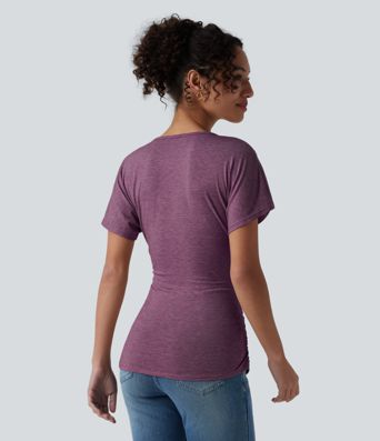 V Neck Short Sleeve Ruched Casual Top V Neck Short Sleeve Ruched Casual Top
