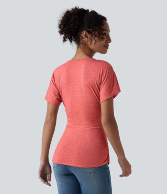 V Neck Short Sleeve Ruched Casual Top