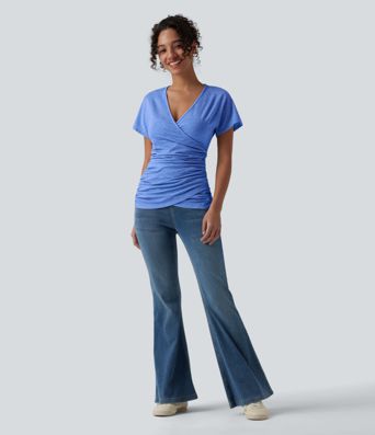 V Neck Short Sleeve Ruched Casual Top