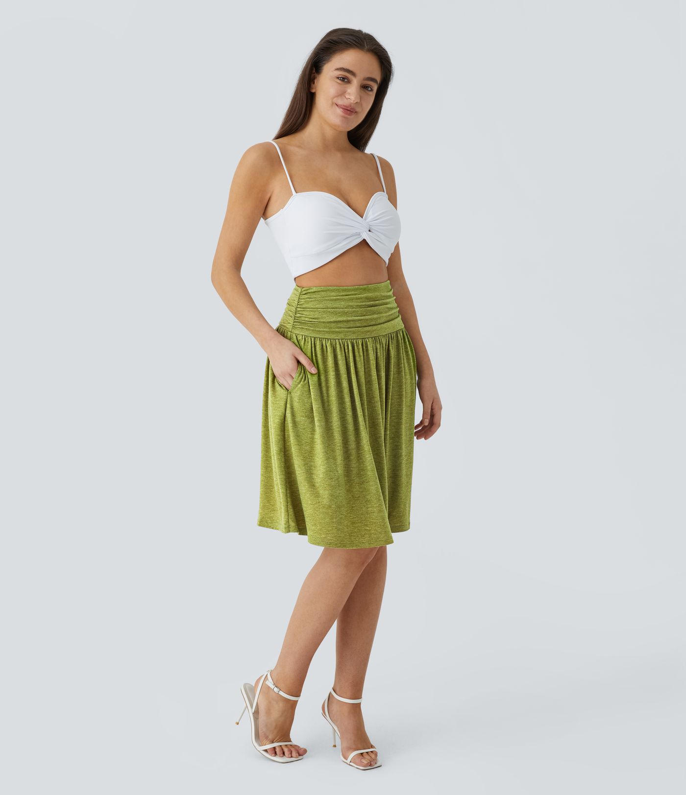 High Waisted Ruched Pocket Flowy Skirt