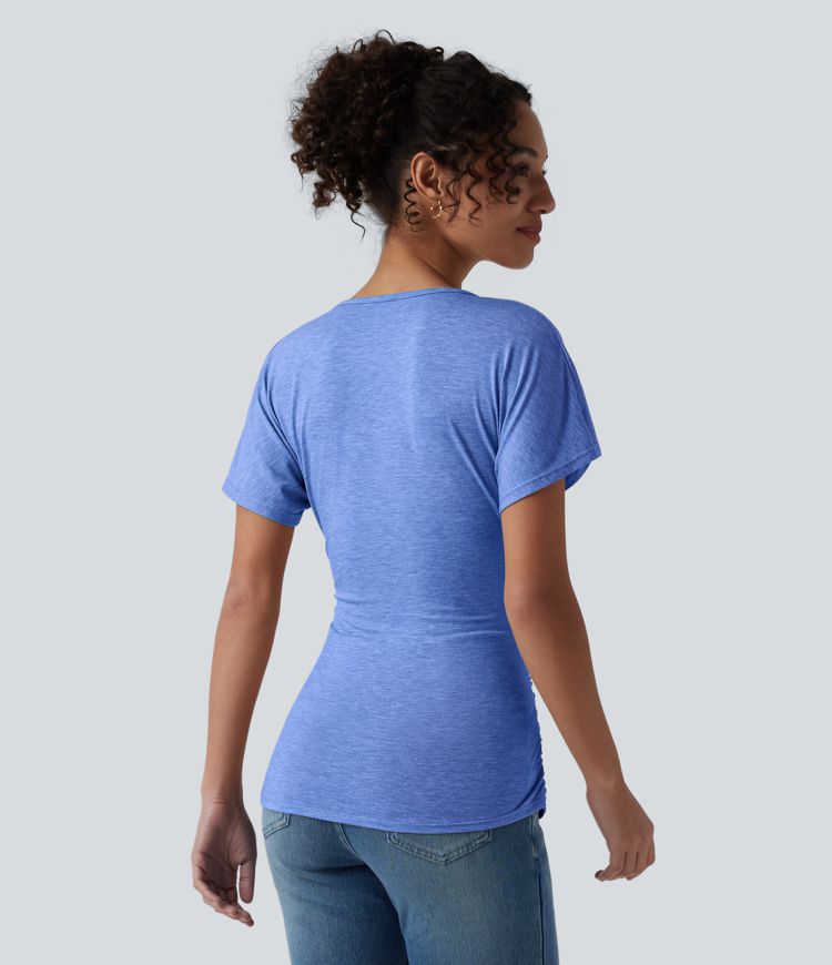 V Neck Short Sleeve Ruched Casual Top