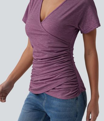 V Neck Short Sleeve Ruched Casual Top V Neck Short Sleeve Ruched Casual Top
