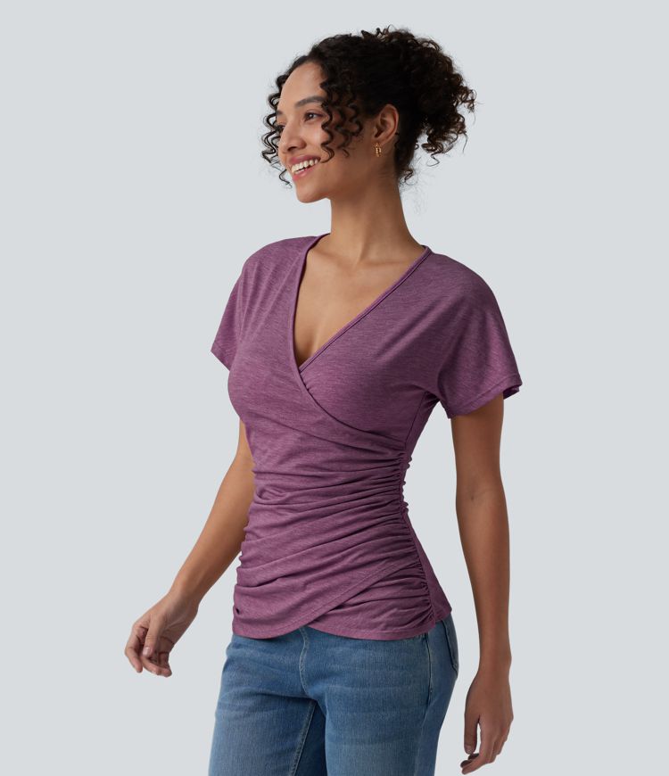 V Neck Short Sleeve Ruched Casual Top V Neck Short Sleeve Ruched Casual Top