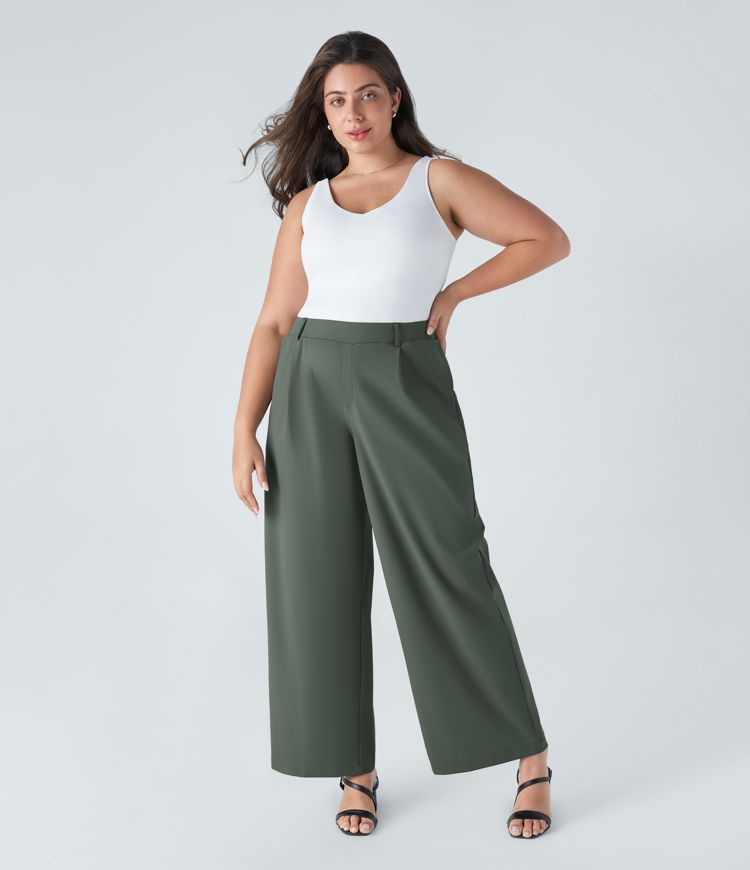 Pantalón  oficina tiro alto recto bolsillo lateral pinzas talla grande