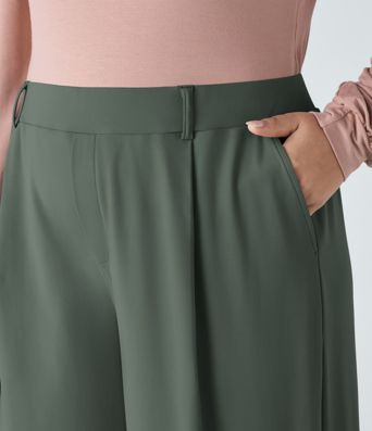 Pantalón  oficina tiro alto recto bolsillo lateral pinzas talla grande