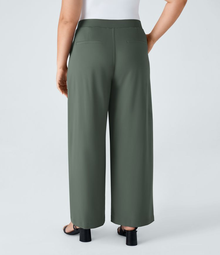 Pantalón  oficina tiro alto recto bolsillo lateral pinzas talla grande