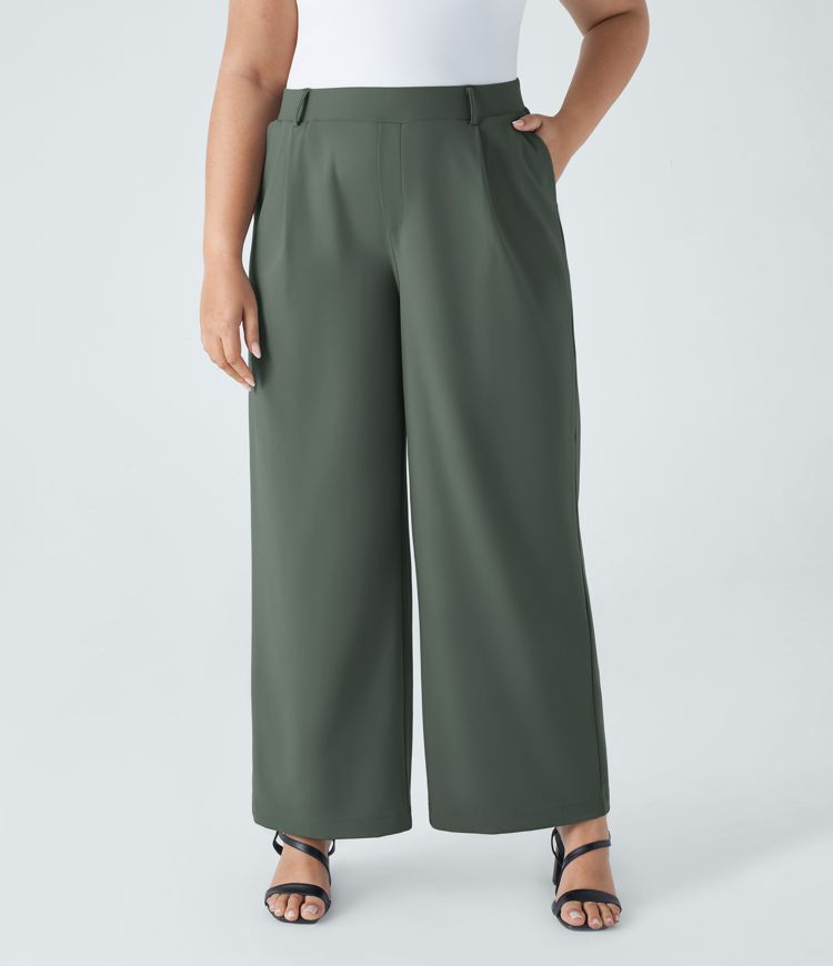 Pantalón  oficina tiro alto recto bolsillo lateral pinzas talla grande