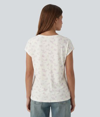 V Neck Short Sleeve Ditsy Floral Casual T-Shirt