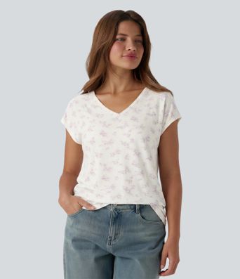 V Neck Short Sleeve Ditsy Floral Casual T-Shirt